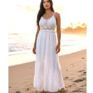 Crochet Midi Baby Doll Halter Dress Y2K Fairy White Shein Textured Tiered SZ SM